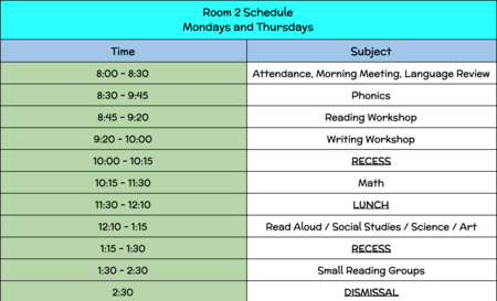Daily Schedule Monday and thursday