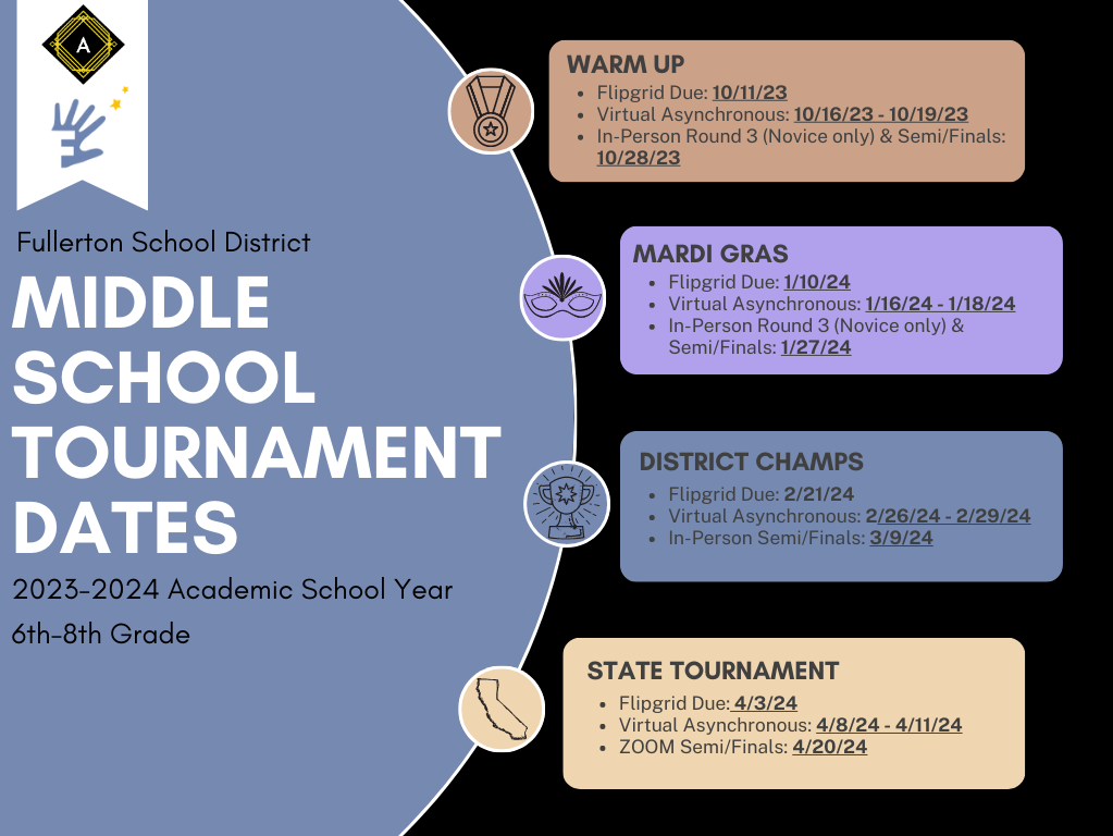 Middle school tournament calendar for 2023-2024