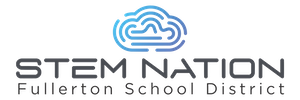 Logo, Brain looking Cloud that also looks like a robotics maze. It is blue with STEM Nation and Fullerton SD in black Logo, Brain looking Cloud that also looks like a robotics maze. It is blue with STEM Nation and Fullerton SD in black