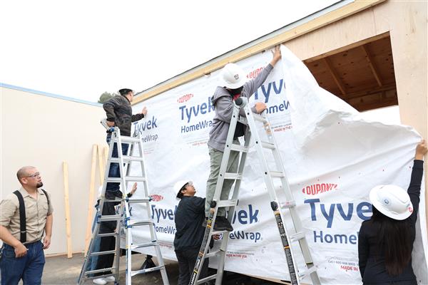 Students installing the moisture barrier to protect the wood of the structure and cutting out windows.