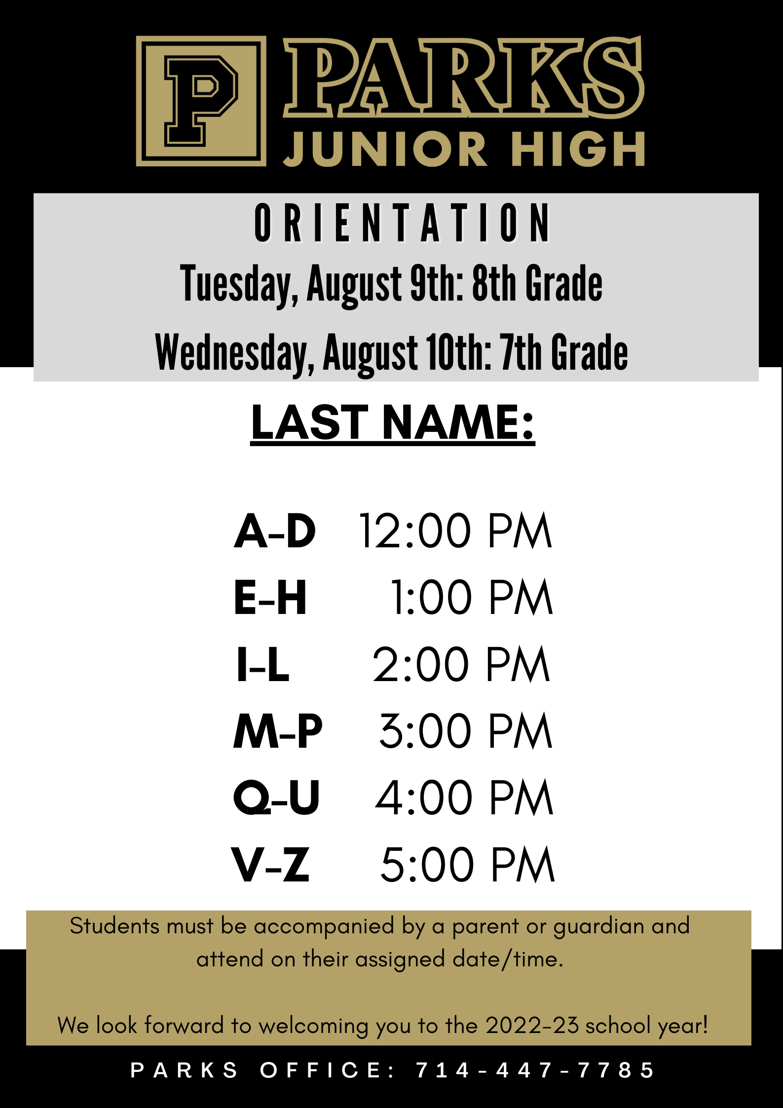  Orientation Schedule by Time and Last Name